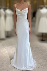 White Soft Satin Straps Simple Long Wedding Party Dresses, White Long Evening Dresses